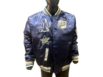 Navy-blue satin jacket with varsity-inspired Yankee detailing, snap-button front, and ribbed trim for a clean, sporty streetwear look
