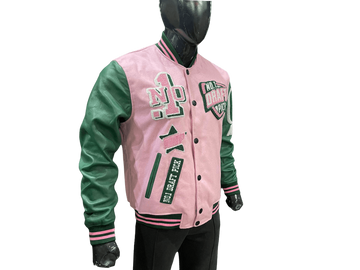 N1DPVSJ-4000-N1DP VARSITY (ALPHA KAPPA PINK/GREEN) WOOL BODY-LAMB SKIN LEATHER SLEEVE