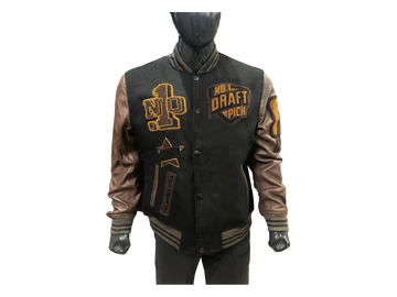 Unisex Louis V varsity jacket with black and brown wool body, lambskin leather sleeves, and premium streetwear embroidery in a classic bomber silhouette