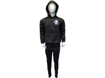 Unisex black hoodie and jogger set with tonal embossed logos, featuring a relaxed hoodie and tapered joggers for a clean, streetwear-ready look