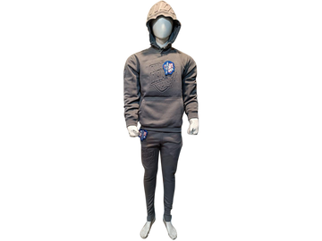 Unisex dark grey hoodie and jogger set with tonal embossed logo, relaxed fit, and minimalist design perfect for everyday streetwear