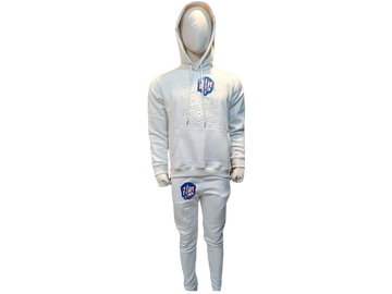 Unisex off-white hoodie and jogger set with tonal embossed logo, relaxed fit, and minimalist design for everyday streetwear