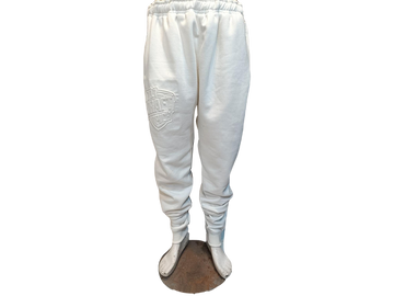 Unisex off-white jogger pants with tonal embossed branding, tapered fit, ribbed cuffs, and drawstring waist for clean, minimalist style