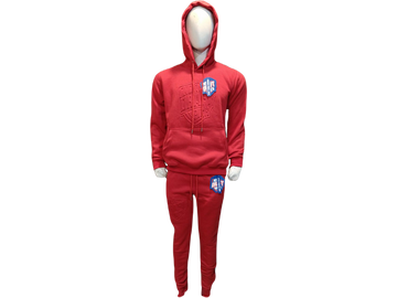Unisex red hoodie and jogger set with tonal embossed logo, relaxed fit, and minimalist design for bold streetwear looks