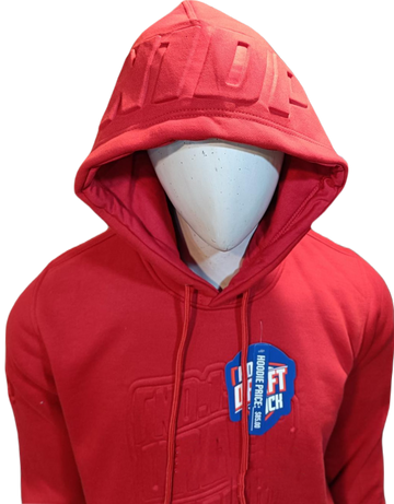 Unisex red hoody with tonal embossed logo, drawstring hood, kangaroo pocket, and ribbed cuffs for a modern casual look
