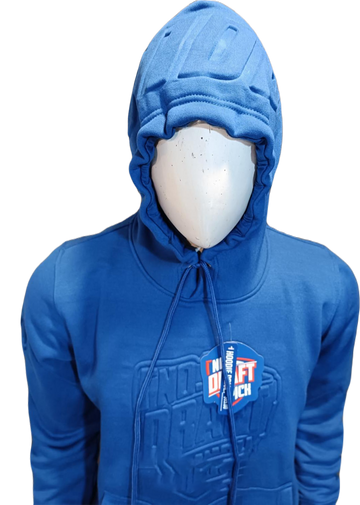 Unisex royal-blue hoody with tonal embossed logo, kangaroo pocket, ribbed cuffs and hem, and adjustable drawstring hood