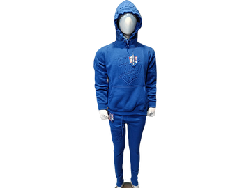 Unisex royal blue hoodie and jogger set with tonal embossed logos, relaxed fit, and minimalist design for everyday streetwear comfort