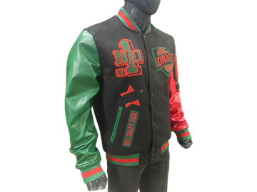 N1DPVSJ-4000-N1DP VARSITY (HISTORIC BLACK/RED-GREEN WOOL BODY-LAMB SKIN LEATHER SLEEVE