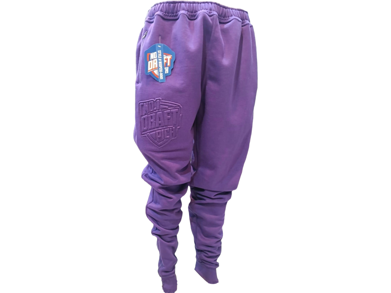 Purple jogger pants with embossed logo detail and tapered fit, styled for casual and athleisure wear