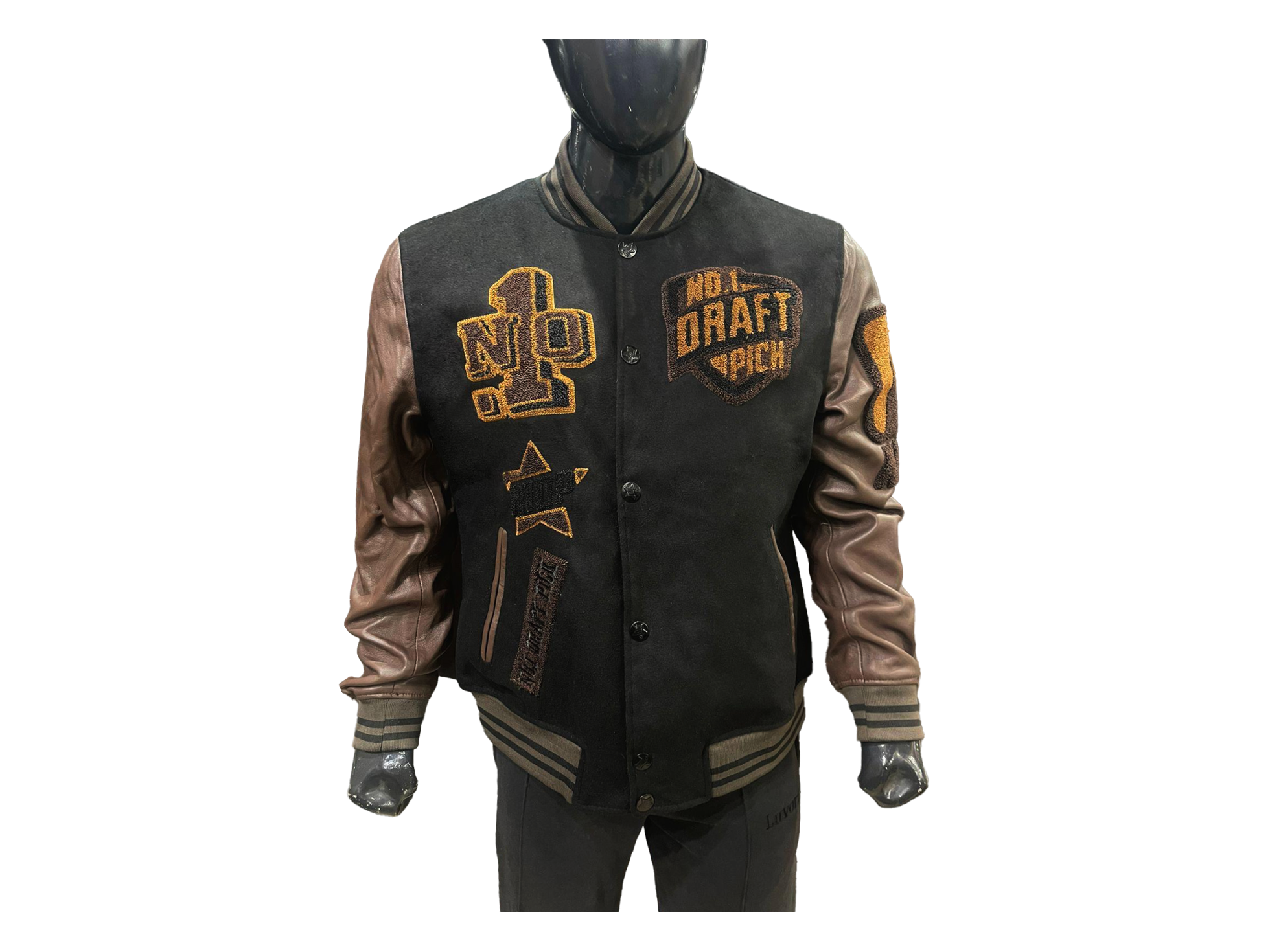 Unisex Louis V varsity jacket with black and brown wool body, lambskin leather sleeves, and premium streetwear embroidery in a classic bomber silhouette