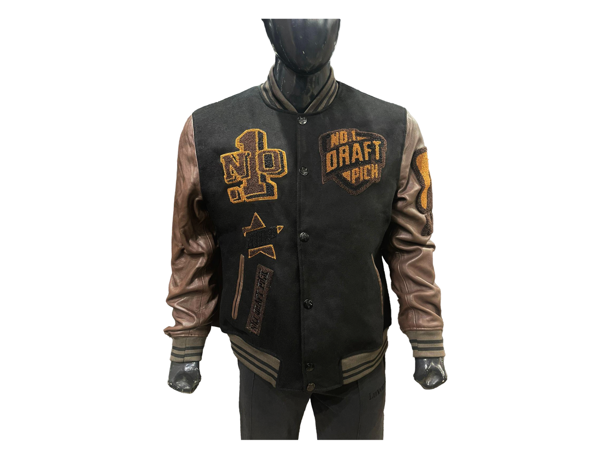 Unisex Louis V varsity jacket with black and brown wool body, lambskin leather sleeves, and premium streetwear embroidery in a classic bomber silhouette