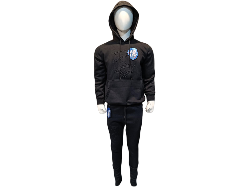 Unisex black hoodie and jogger set with tonal embossed logos, featuring a relaxed hoodie and tapered joggers for a clean, streetwear-ready look