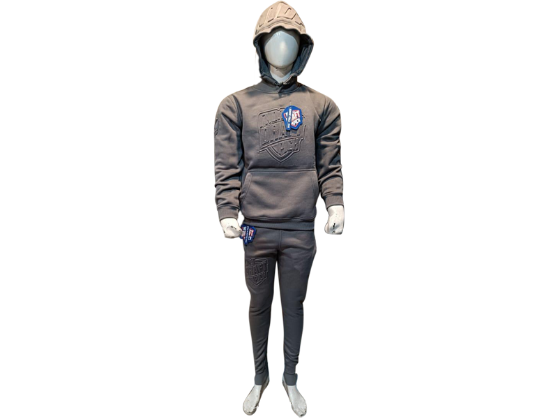 Unisex dark grey hoodie and jogger set with tonal embossed logo, relaxed fit, and minimalist design perfect for everyday streetwear