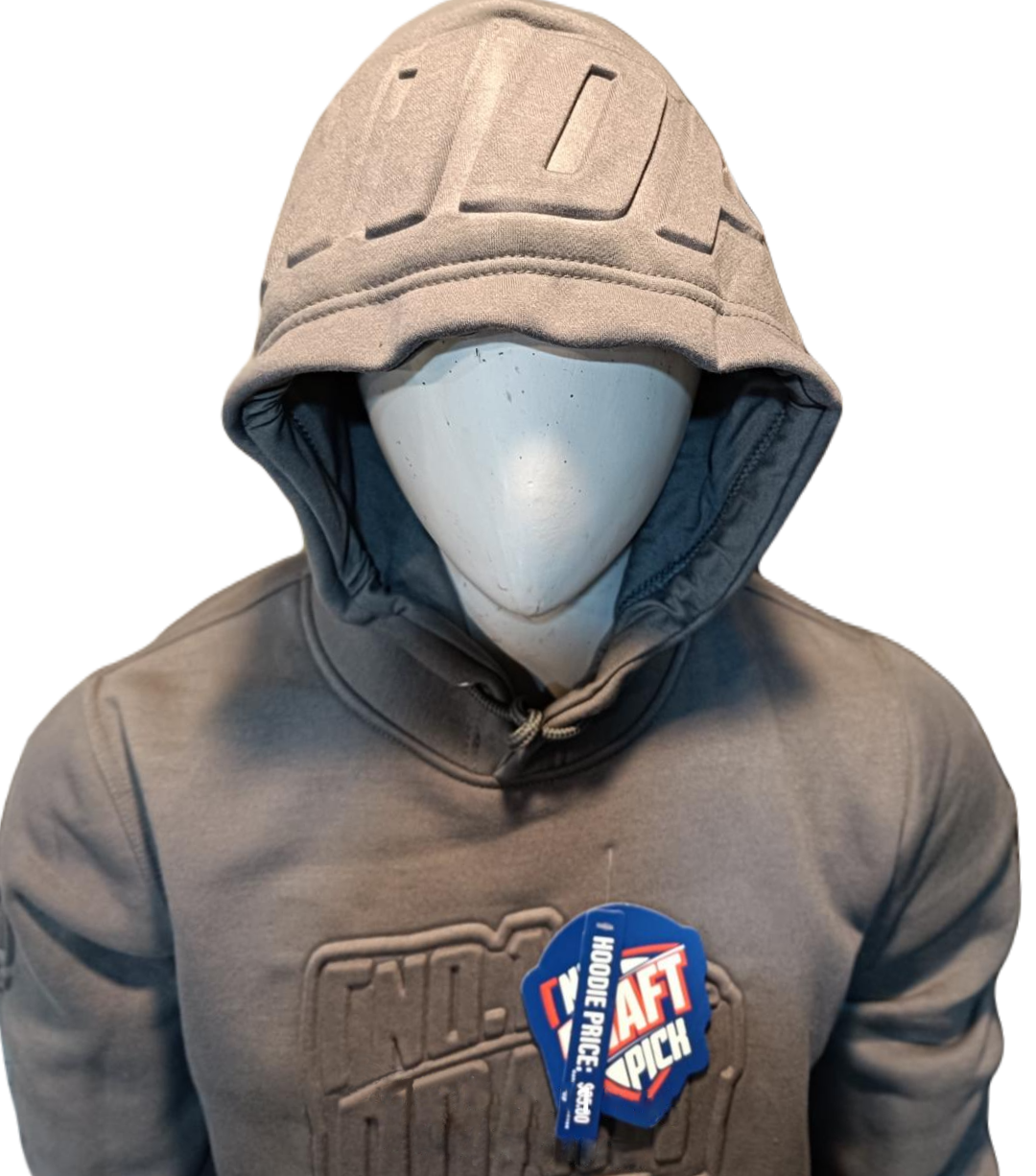 Unisex dark grey hoody with tonal embossed logo, drawstring hood, kangaroo pocket, and ribbed cuffs for a modern, clean streetwear style
