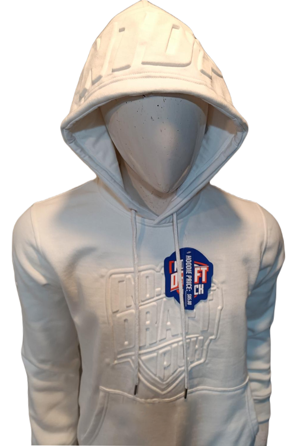 Unisex off-white hoody with tonal embossed logo, kangaroo pocket, ribbed cuffs and hem, and adjustable drawstring hood