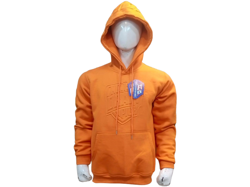Unisex orange hoodie with tonal embossed chest logo, relaxed fit, and front pocket, perfect for bold streetwear and everyday wear