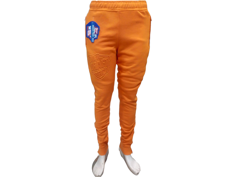 Unisex orange jogger pants featuring embossed logo, tapered fit, and ribbed ankle cuffs for bold and comfortable streetwear