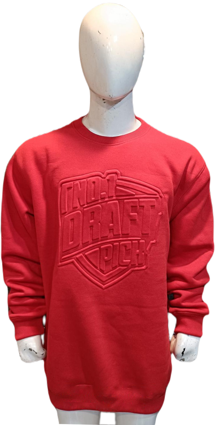Unisex red fleece crew neck sweatshirt with ribbed cuffs and hem, soft fleece interior, and relaxed fit for comfortable casual wear