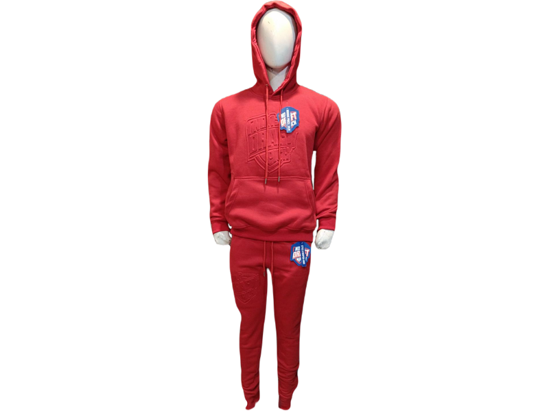Unisex red hoodie and jogger set with tonal embossed logo, relaxed fit, and minimalist design for bold streetwear looks