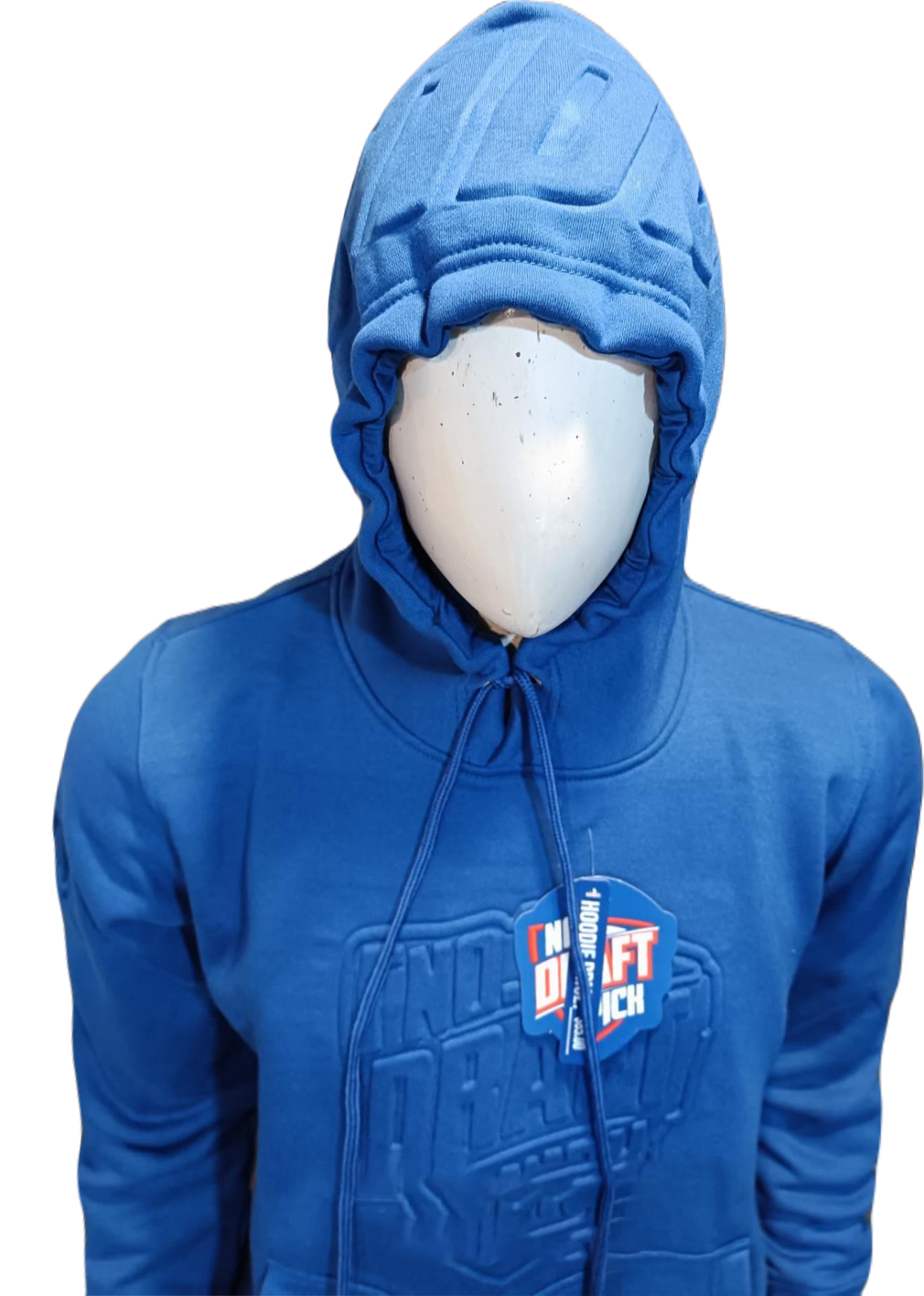 Unisex royal-blue hoody with tonal embossed logo, kangaroo pocket, ribbed cuffs and hem, and adjustable drawstring hood