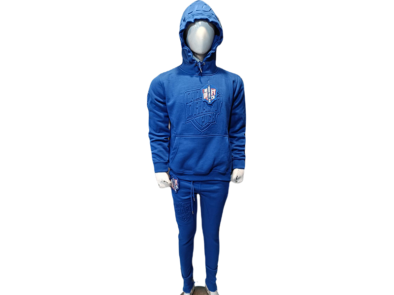 Unisex royal blue hoodie and jogger set with tonal embossed logos, relaxed fit, and minimalist design for everyday streetwear comfort