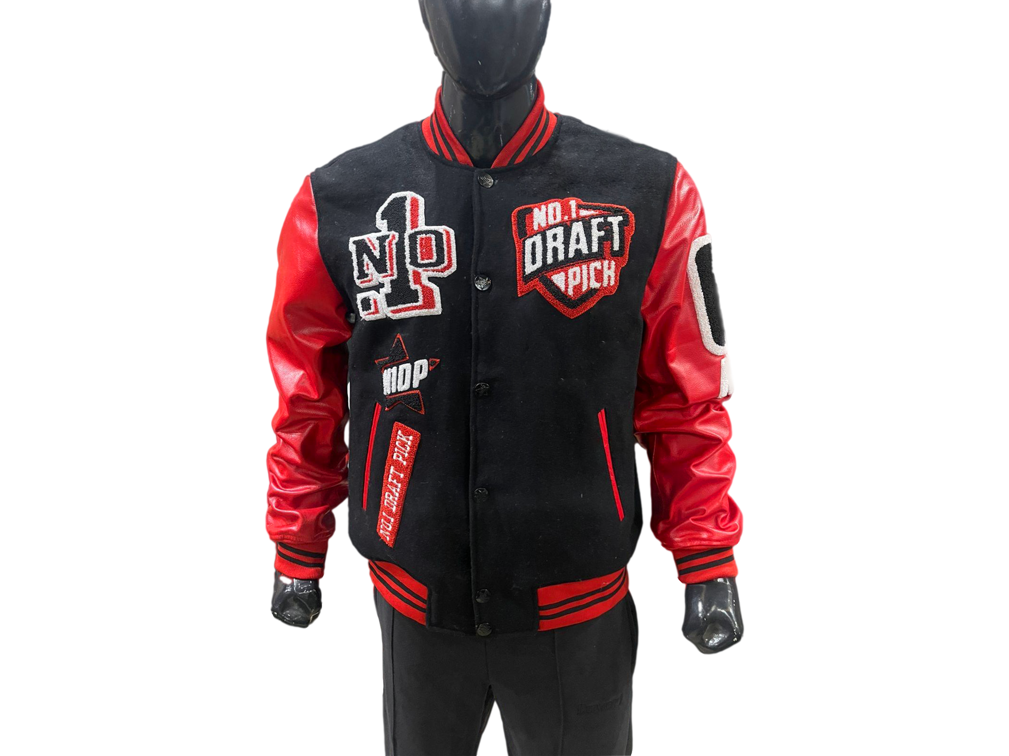 Unisex varsity jacket with black/red wool body, lambskin leather sleeves, and Chicago-ATL embroidery – luxury streetwear outerwear with snap-button front